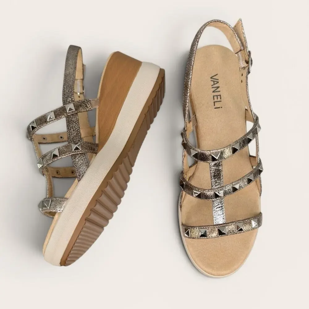 VANELi 7M Coley Metallic Gold Leather Comfort Studded Strappy Wedge Sandals